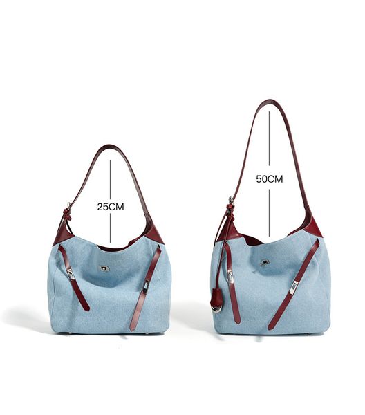 Denim Shopper Bag. Жіноча сумка блакитна з бордовою шкірою DSB1 фото